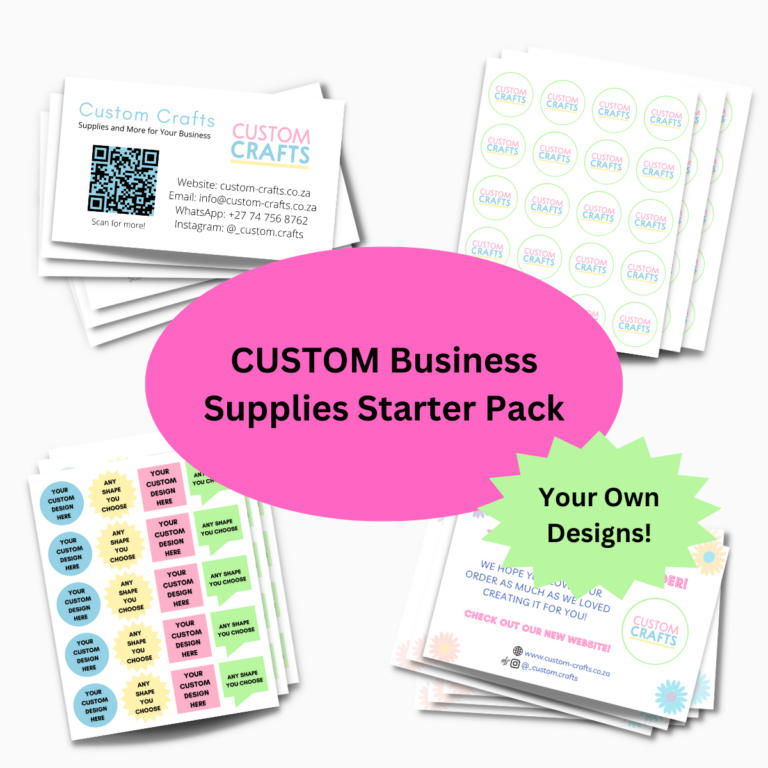 Custom Crafts South Africa Custom Personalised Business Starter Pack Bundle with Business Cards, Logo Stickers and Sticker Sheets. Save 20%. Thank You Customer Appreciation Cards. Made by Custom Crafts in South Africa. We sell business supplies and more.