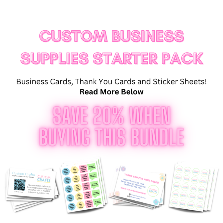 Custom Crafts South Africa Custom Personalised Business Starter Pack Bundle with Business Cards, Logo Stickers and Sticker Sheets. Save 20%. Thank You Customer Appreciation Cards. Made by Custom Crafts in South Africa. We sell business supplies and more.